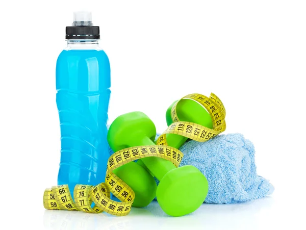 Two green dumbells, tape measure and drink bottle — Stock Photo, Image