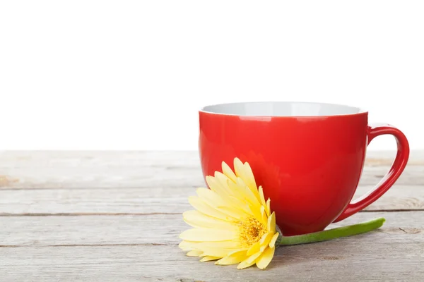 Tasse Kaffee und Gerbera auf Holztisch — Stockfoto