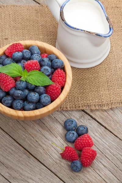 Schale mit Blaubeeren und Himbeeren und Milchkrug — Stockfoto