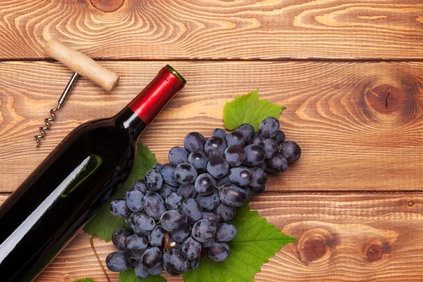 Red wine bottle and bunch of red grapes — Stock Photo, Image