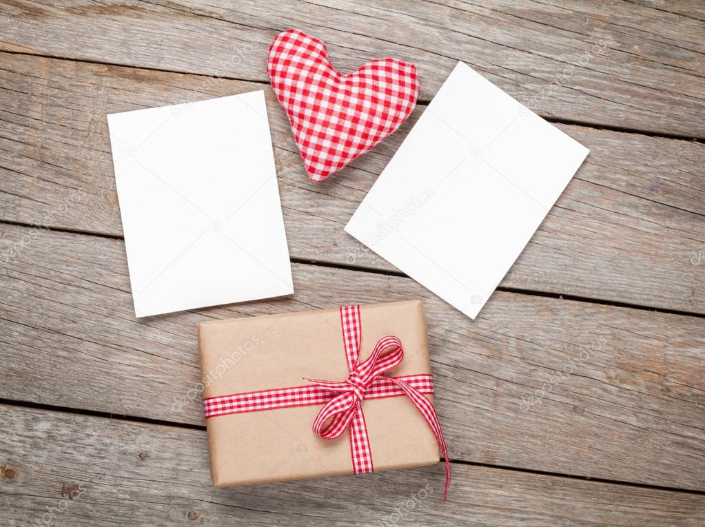 Valentines day toy heart, blank photo frames and gift box