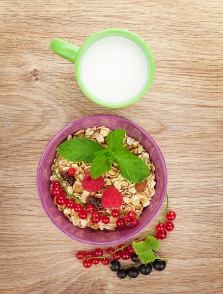 Breakfast with muesli and milk — Stock Photo, Image