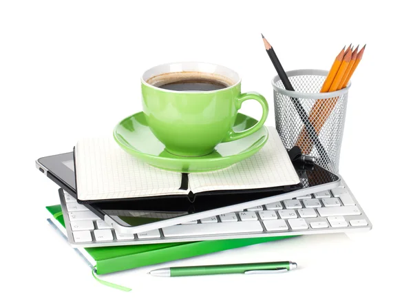 Coffee cup on office supplies — Stock Photo, Image