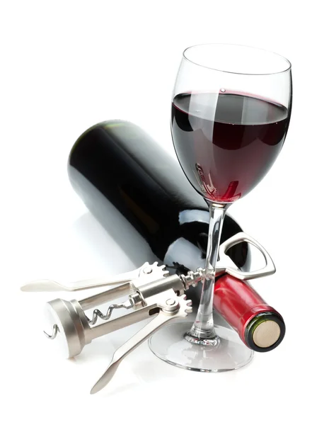 Pohár vörösbor, üveg és dugóhúzó — Stock Fotó