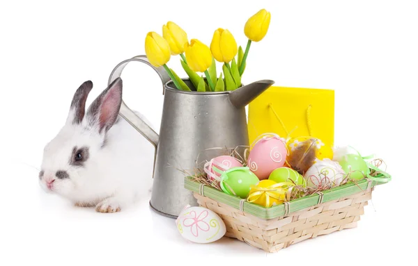 Easter with  eggs,  tulips and rabbit — Stock Photo, Image