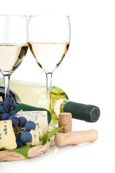 Vino bianco, formaggio e uva — Foto Stock