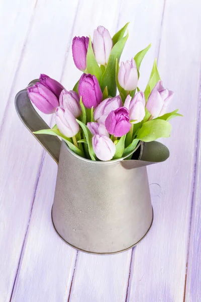 Gieter met paarse tulpen — Stockfoto