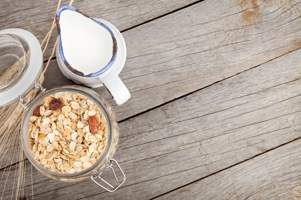 Egészséges reggeli müzlivel és tejjel — Stock Fotó