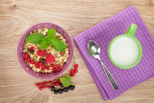 Café da manhã saudável com muesli e leite — Fotografia de Stock