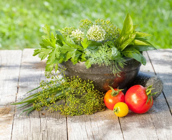 Fresh herbs in mortar — Stock Photo, Image