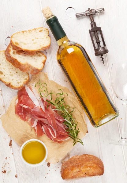 Prosciutto, wine, ciabatta — Stock Photo, Image