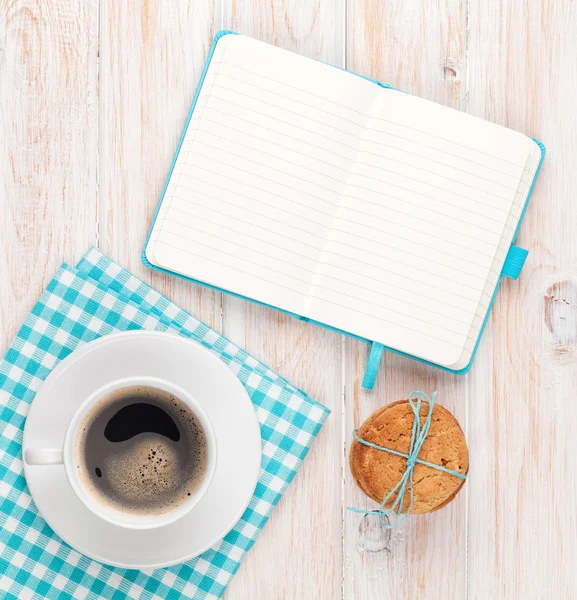 Café, galletas y bloc de notas — Foto de Stock