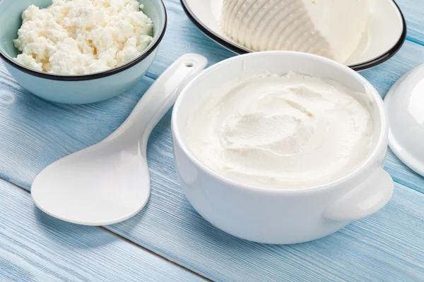 Sour cream, cheese and curd — Stock Photo, Image