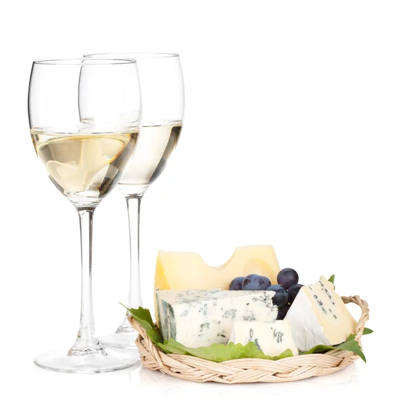 Cheese, grape and two wine glasses — Stock Photo, Image