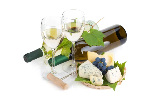 Vino bianco, formaggio e uva — Foto Stock