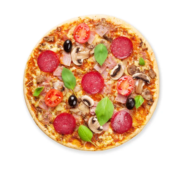 Pizza with pepperoni, tomatoes, olives and basil — Stock Photo, Image