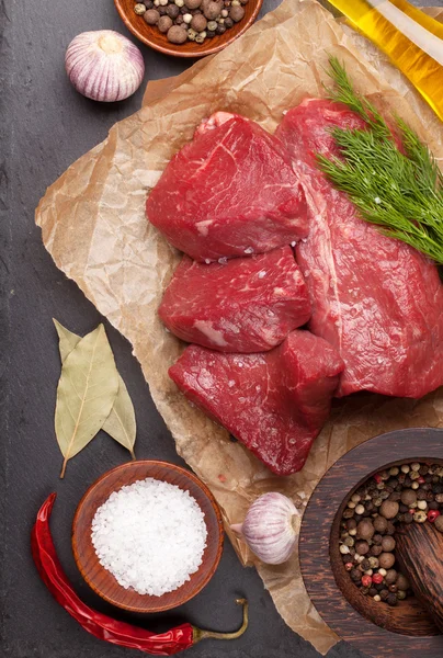 Raw fillet beef steak and spices — Stock Photo, Image