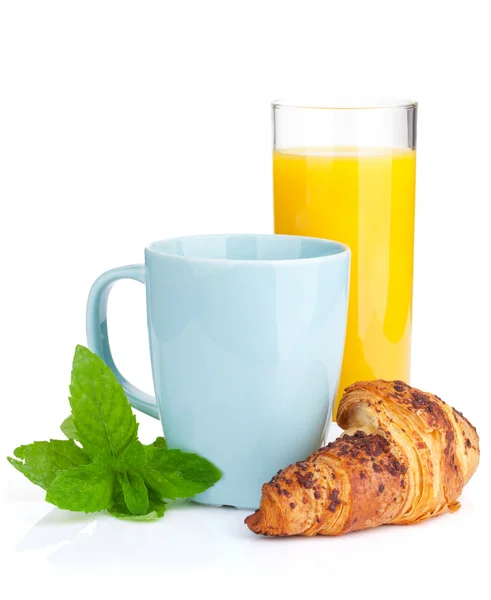 Cup of coffee, orange juice and croissant — Stock Photo, Image