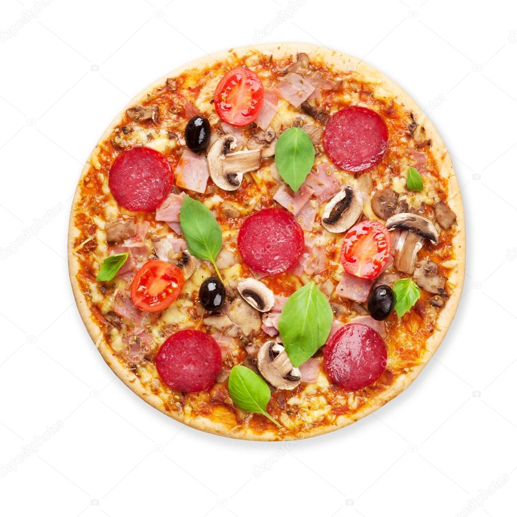 pizza with pepperoni, tomatoes, olives and basil