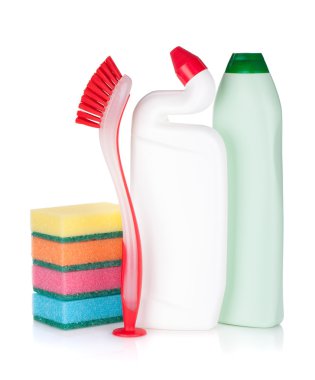 Plastic bottles of cleaning products, sponges
