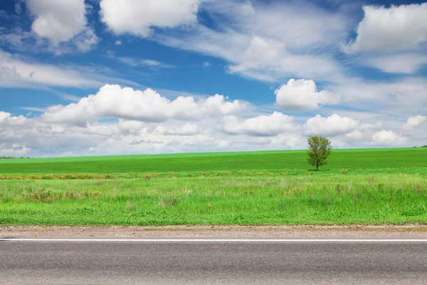 Estrada de asfalto, campo de grama verde e céu — Fotografia de Stock