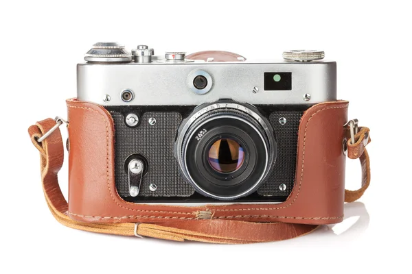 Vintage film kamera ile deri çanta — Stok fotoğraf