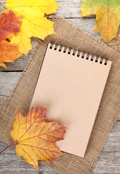 Blank notepad and colorful autumn leaves — Stock Photo, Image