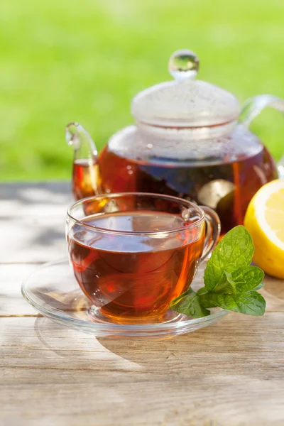 Breakfast tea on table in garden — Stock Photo, Image