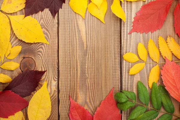 Herfstbladeren op hout achtergrond — Stockfoto