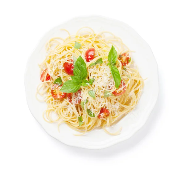 Spaghetti pasta with tomatoes and basil — Stock Photo, Image