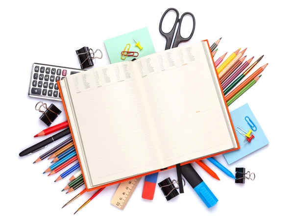 Blank notepad over school supplies — Stock Photo, Image