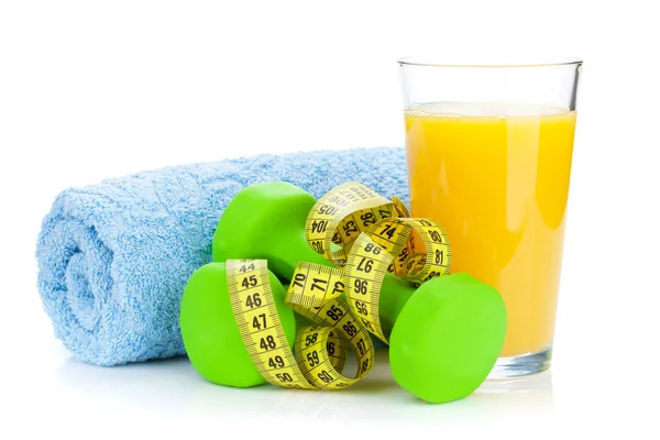 Dumbells, tape measure and  juice. — Stock Photo, Image