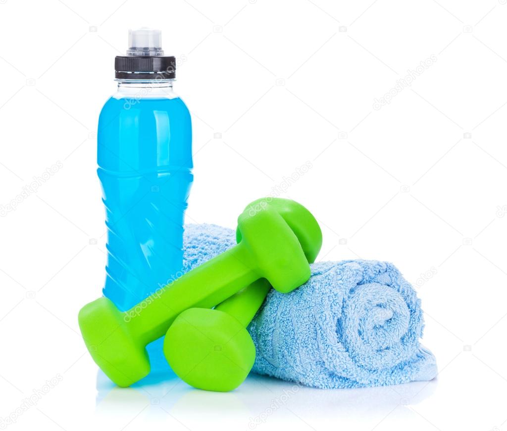 dumbells, towel and water bottle