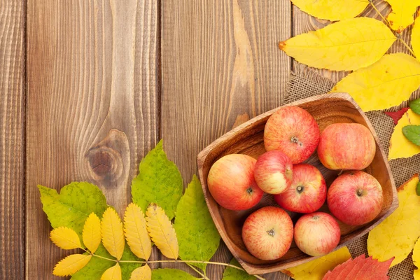 Mele in ciotola e foglie autunnali colorate — Foto Stock