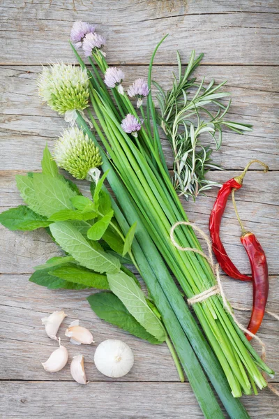 Świeże zioła i przyprawy na stół ogrodowy — Zdjęcie stockowe