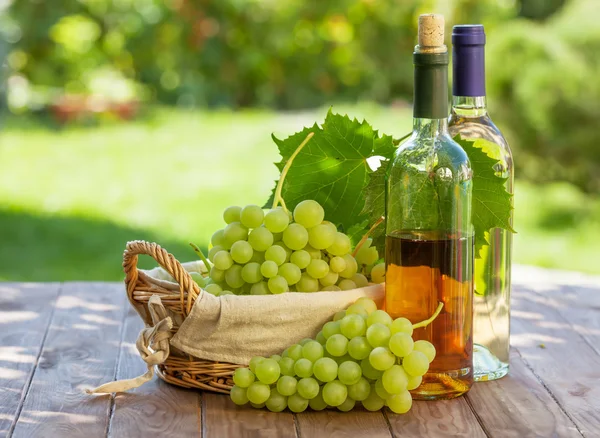 Witte wijn flessen, wijnbouw en druiven — Stockfoto