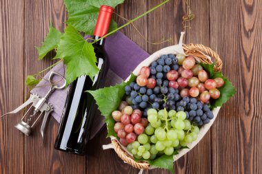 Red wine bottle and colorful grapes