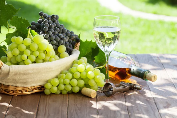 Vino y uvas en mesa de jardín — Foto de Stock