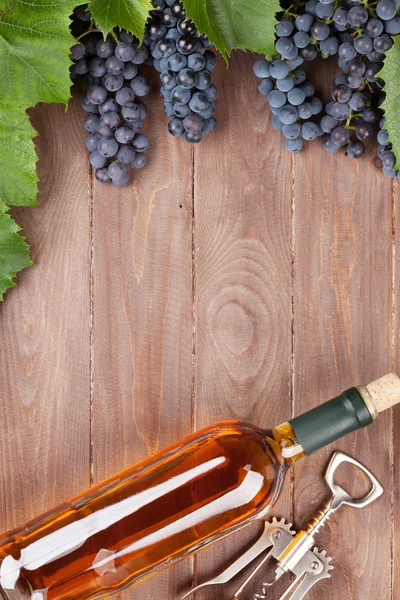 Wine bottle and grapes on garden table — 스톡 사진