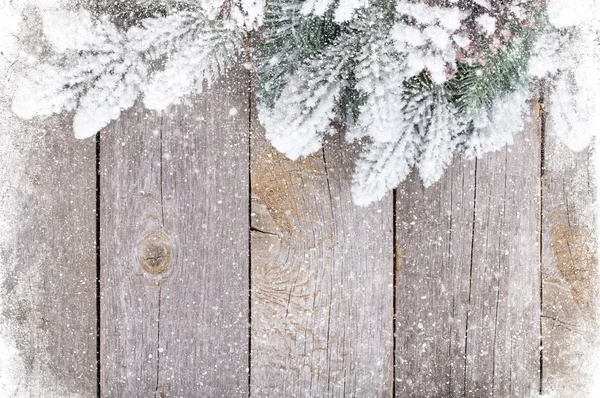 Textura de madeira velha com neve e abeto — Fotografia de Stock