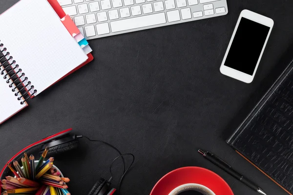 Office leather desk with pc and supplies — Stock Photo, Image