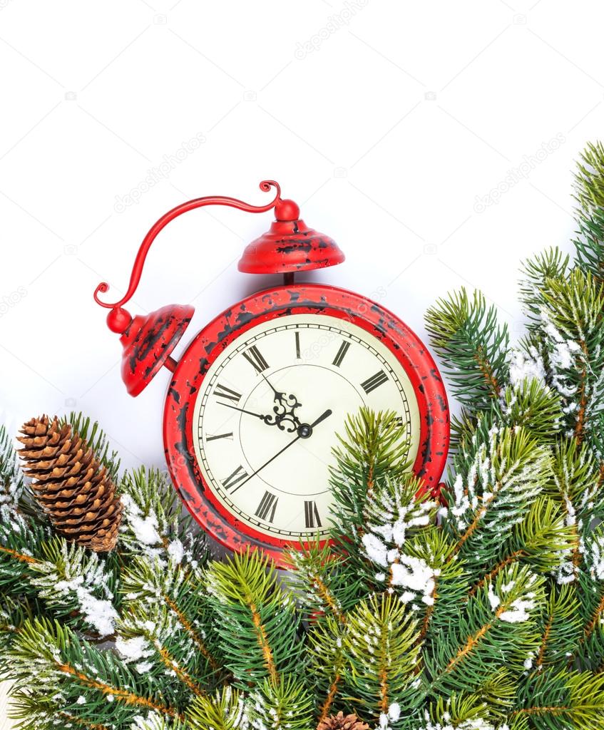 Christmas background with clock, fir tree