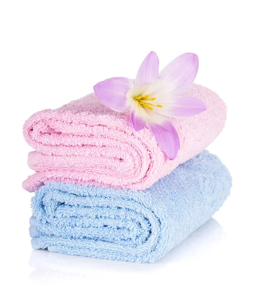 Pink and blue towels and flower — Stock Photo, Image