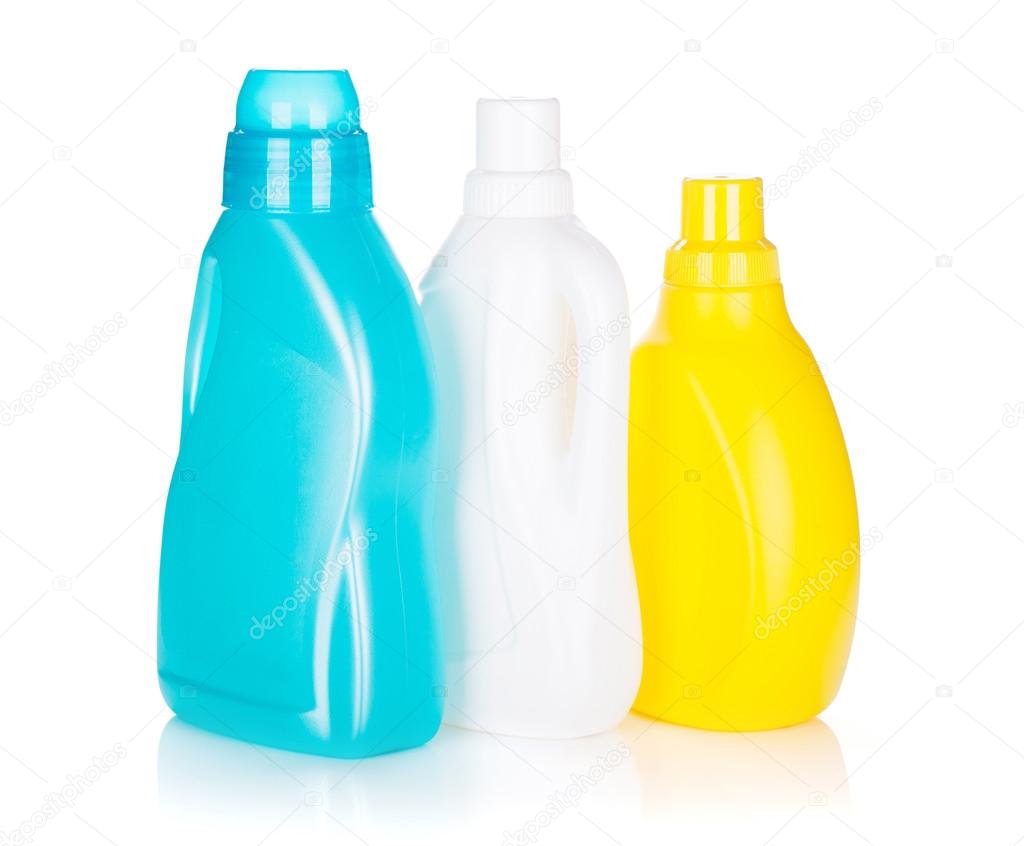 Three plastic bottles of cleaning products