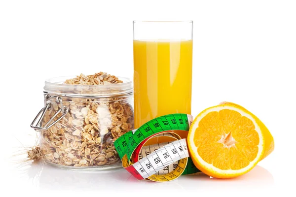 Healty breakfast with muesli, berries and orange juice — Stock Photo, Image