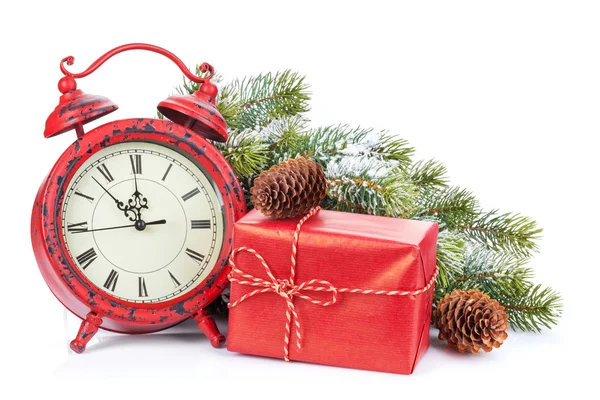 Christmas clock, gift and fir tree — Stock Photo, Image