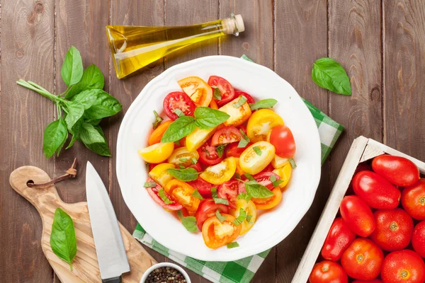 Tomates frescos coloridos e salada de manjericão — Fotografia de Stock