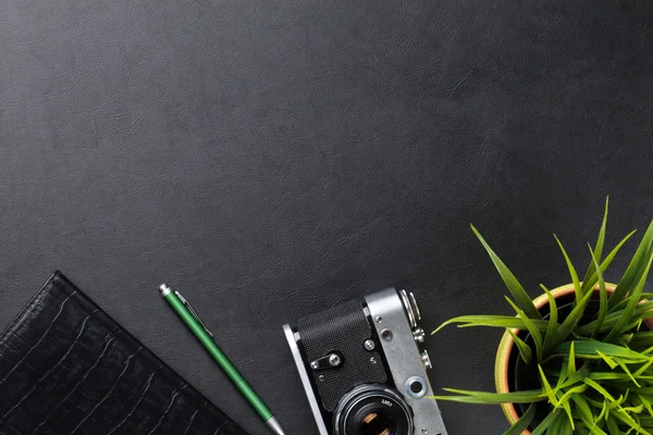 Desk with camera and plant — Stock Photo, Image