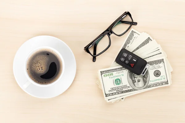 Money cash, glasses and coffee cup — Stock Photo, Image