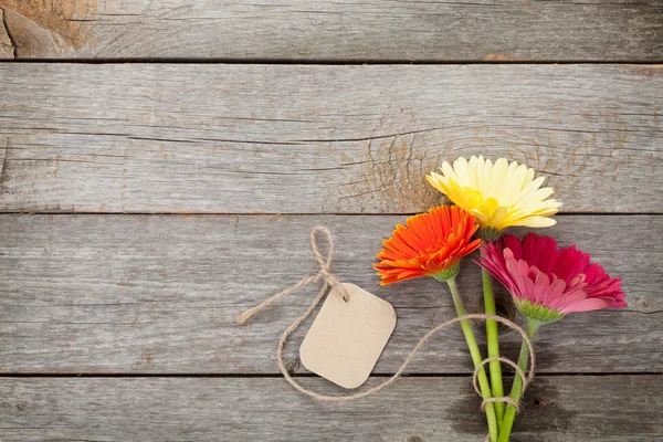 Tři barevné gerbera květiny se značkou — Stock fotografie